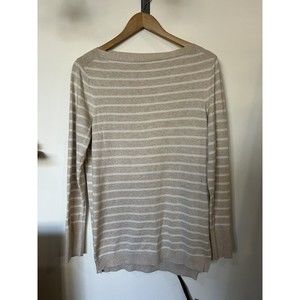 J Crew Factory Tan White Striped Boat Neck Long Sweater Size Small